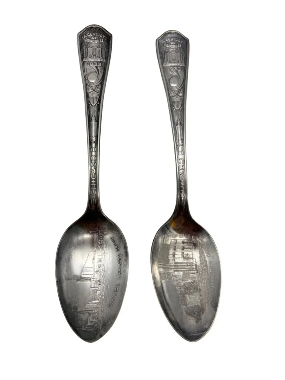 1933 Chicago Worlds Fair Spoons Century Progress Oneida Par Plate Vintage Set 2